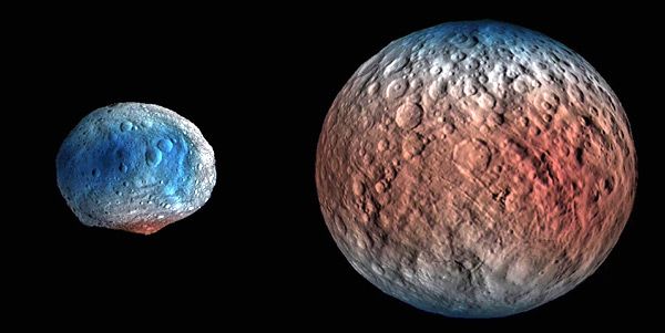 Images of asteroid Vesta and dwarf planet Ceres...with hydrogen data (shaded in red) taken by NASA's Dawn spacecraft overlaid on both celestial bodies.