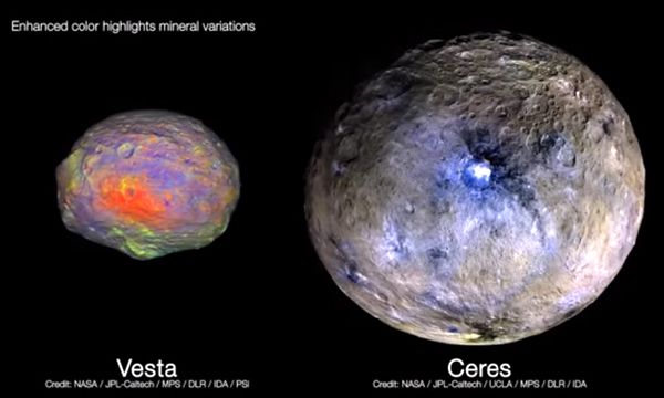 Enhanced color images of asteroid Vesta and dwarf planet Ceres...which were explored by NASA's Dawn spacecraft in 2011 and 2015, respectively.