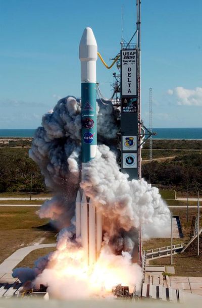A Delta II rocket carrying NASA's comet-bound Deep Impact spacecraft launches from Cape Canaveral Air Force Station (CCAFS) in Florida...on January 12, 2005.
