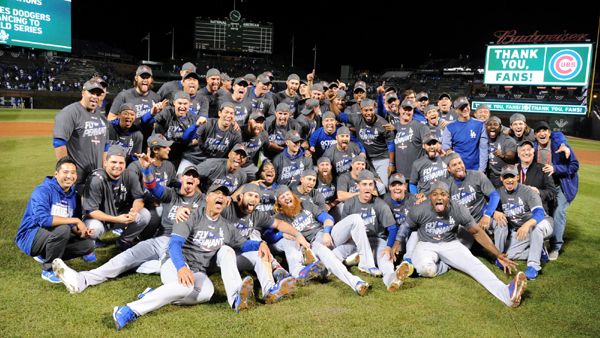 The Los Angeles Dodgers take a group photo after defeating the Chicago Cubs, 11-1, in Game 5 of the NLCS...on October 19, 2017.