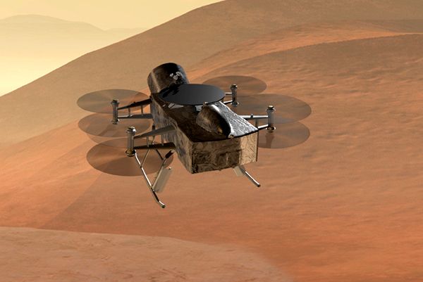 An artist's concept of the Dragonfly drone spacecraft designed to study the surface of Saturn's moon Titan.