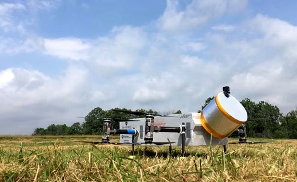 A screenshot of a Dragonfly prototype drone that's about to take off for a test flight above a grass field.