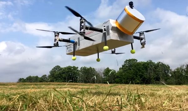 A screenshot of the Dragonfly prototype drone lifting off to conduct a test flight above a grass field.