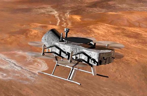 A cropped version of the art concept depicting the Dragonfly spacecraft designed to study the surface of Titan.