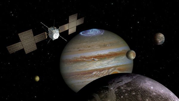 An artist's concept of Europe's Jupiter Icy Moons Explorer (JUICE) in orbit around the Jovian world and its four Galilean moons.