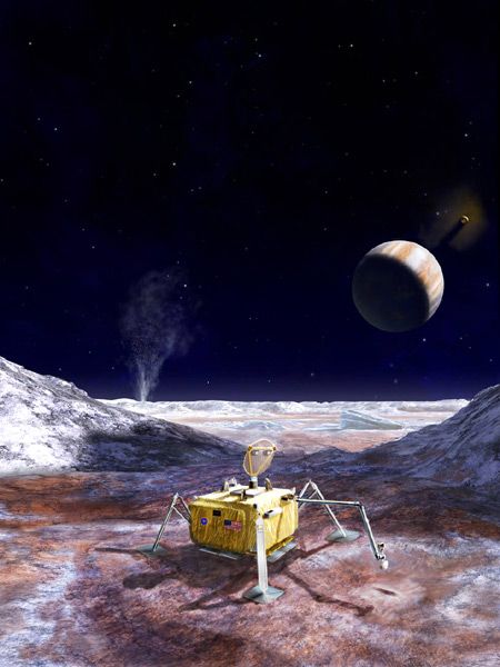 An artist's concept of a lander on the surface of Jupiter's icy moon Europa.