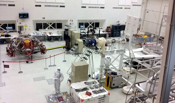 The Mars 2020 descent and cruise stages (the latter is visible towards the right edge of this photo) on display inside the Spacecraft Assembly Facility...at Explore JPL on June 9, 2018.