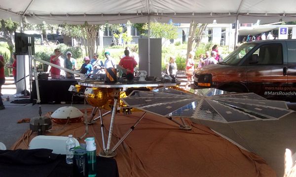 A full-size replica of NASA's Mars-bound InSight lander...on display at Explore JPL on June 9, 2018.