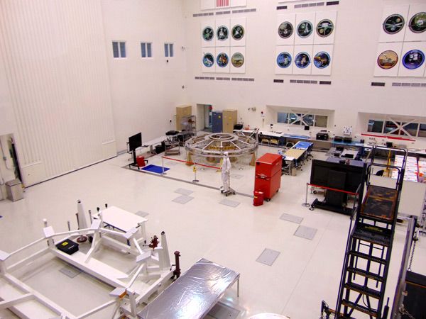 The cruise stage for the Mars 2020 mission on display (along with the work stand for the spacecraft's heat shield, which was at another facility for testing) at JPL...on May 20, 2017.