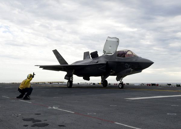 An F-35B Lightning II is about to take off from the amphibious assault ship USS America, on October 28, 2016.