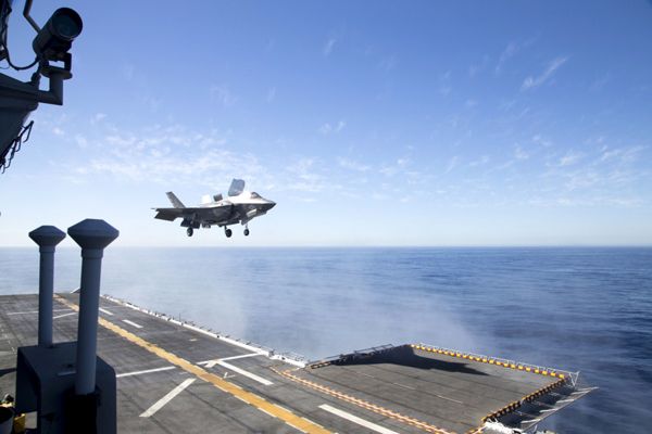 An F-35B Lightning II is about to touch down onto the deck of the USS Essex during a training exercise off the coast of Southern California...on October 22, 2017.