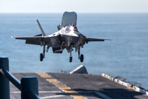 An F-35B Lightning II is about to touch down onto the deck of the USS Essex during a training exercise off the coast of Southern California...on October 22, 2017.