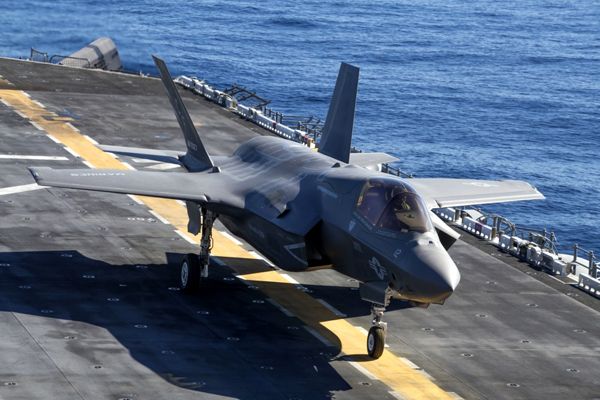 An F-35B Lightning II is about to take off from the deck of the USS Essex during a training exercise off the coast of Southern California...on October 22, 2017.