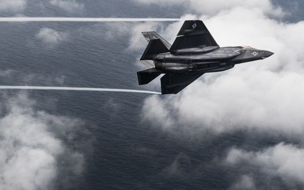 An F-35C Lightning II aircraft flies off the coast of Florida on February 1, 2019.