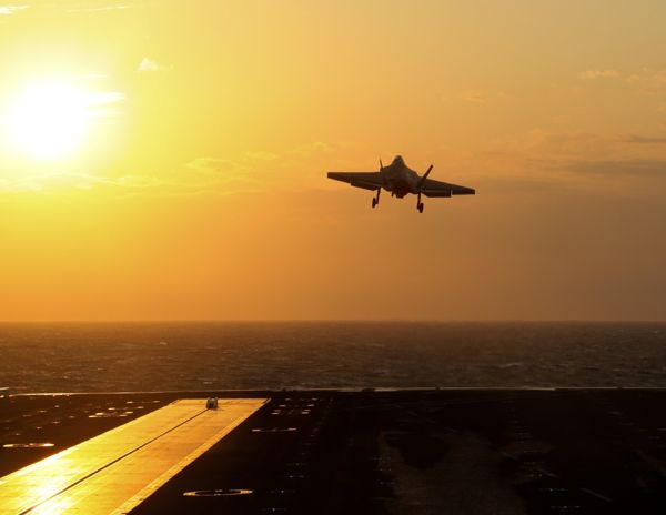 An F-35C Lightning II launches from the deck of the nuclear-powered aircraft carrier USS Abraham Lincoln...on March 17, 2018.