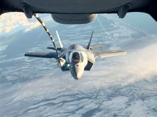 An F-35B Lightning II undergoes aerial refueling on its way to Alaska on January 9, 2017...with its final destination being Iwakuni, Japan.