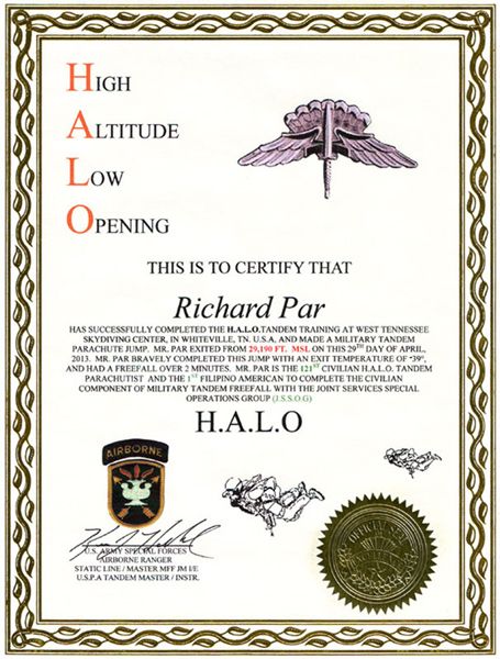 My HALO Jump certificate.