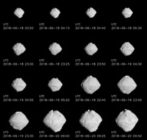 Images of asteroid Ryugu that were taken from distances ranging from 100 to 220 kilometers...by JAXA's Hayabusa 2 spacecraft on June 18-20, 2018 (Japan Time).