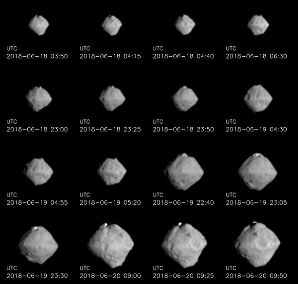Enhanced images of asteroid Ryugu that were taken from distances ranging from 220 to 100 kilometers...by JAXA's Hayabusa 2 spacecraft on June 18-20, 2018 (Japan Time).