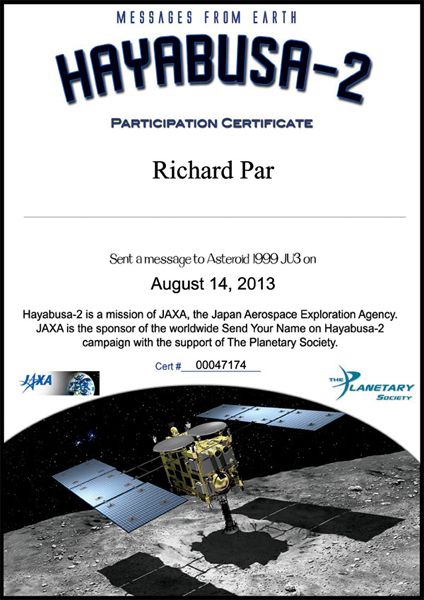 My participation certificate for Japan's Hayabusa 2 mission.