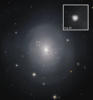 A kilonova (box), located within the galaxy NGC 4993, as seen by NASA's Hubble Space Telescope.