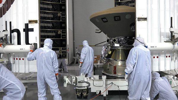 NASA's InSight Mars lander is about to be encapsulated by the Atlas V rocket's payload fairing at Vandenberg Air Force Base in California...on April 16, 2018.