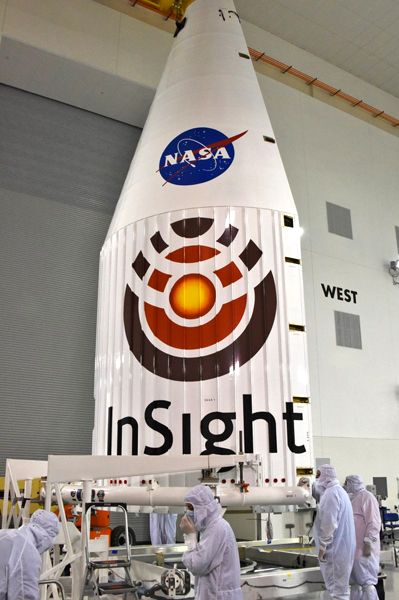 One of the Atlas V rocket's twin payload fairings that will encapsulate NASA's InSight lander during its launch to Mars in early May.