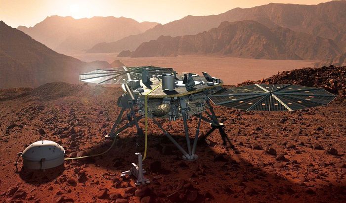 An artist's concept of NASA's InSight lander on the surface of Mars.