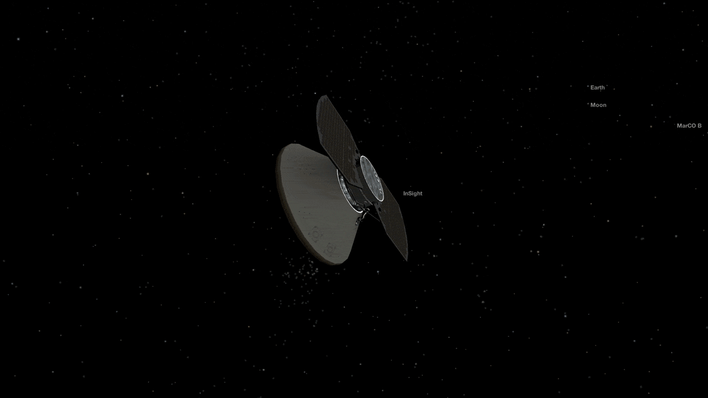 An animated GIF depicting NASA's InSight Mars lander (which reached the halfway point of its journey to the Red Planet as of August 5, 2018) cruising through deep space.