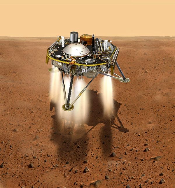 An artist's concept of NASA's InSight Mars lander about to touch down on the surface of the Red Planet.