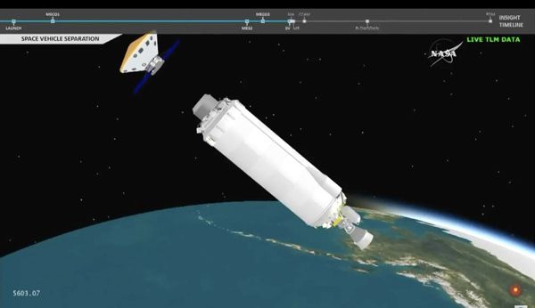 A video graphic using live telemetry data depicts NASA's InSight Mars lander separating from its Centaur upper stage booster over an hour after launch...on May 5, 2018.