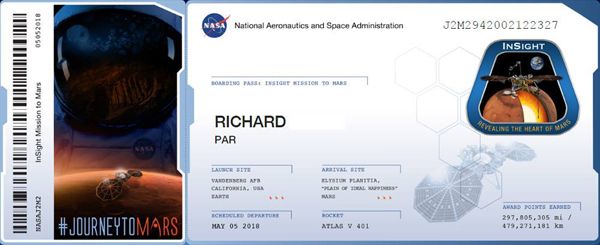 My participation certificate for NASA's InSight Mars mission.