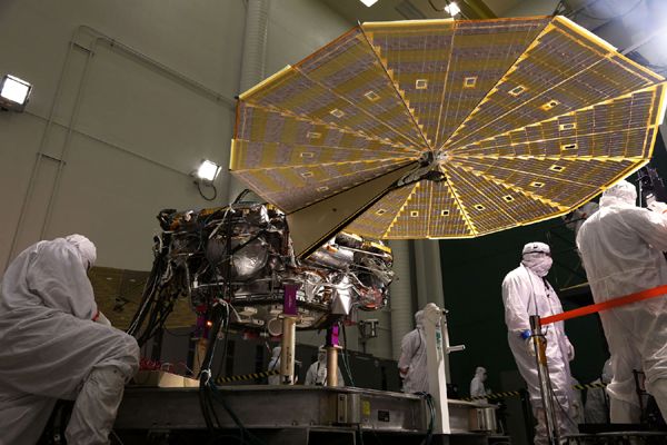 NASA's InSight Mars lander deploys its twin solar arrays at the Lockheed Martin facility near Denver, Colorado...on January 23, 2018.