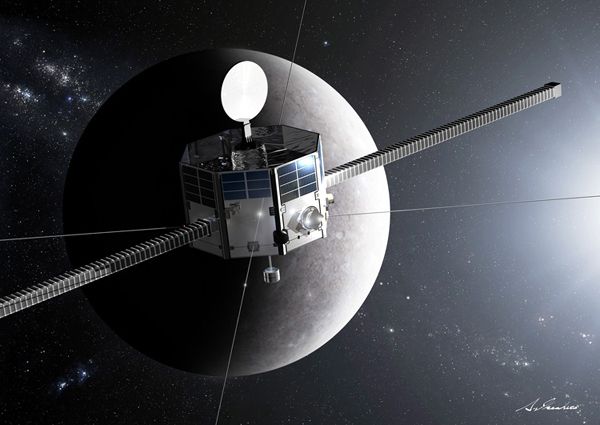 An artist's concept of JAXA's Mercury Magnetospheric Orbiter studying the planet Mercury.