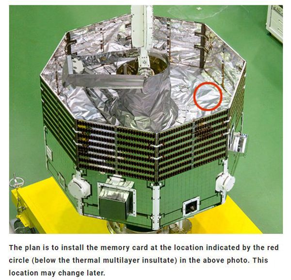 An image of JAXA's Mercury Magnetospheric Orbiter, and a red circle denoting where the memory card containing your name and personal message will be installed on the spacecraft.