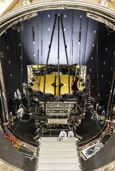 NASA's James Webb Space Telescope sits inside Chamber A at the Johnson Space Center in Houston, Texas.