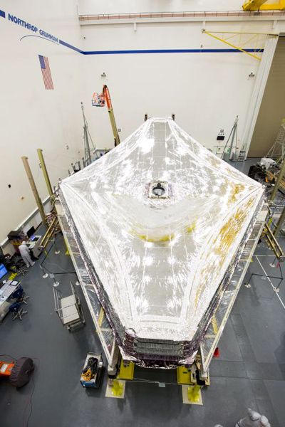 The sunshield for NASA's James Webb Space Telescope is fully deployed at the Northrop Grumman facility in Redondo Beach, California.