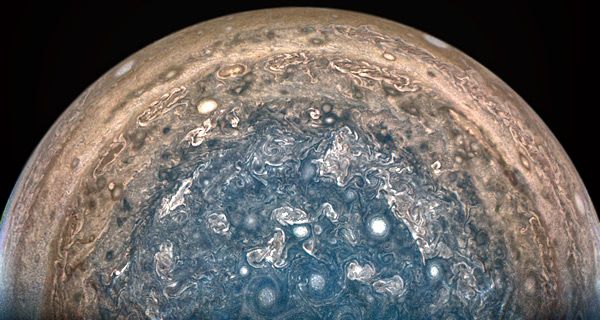 An image of Jupiter's south pole that was taken by NASA's Juno spacecraft on February 2, 2017...from a distance of 62,800 miles (101,000 kilometers).