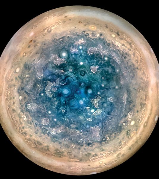 An image of Jupiter's south pole as seen by NASA's Juno spacecraft...from 32,000 miles (52,000 kilometers) away.