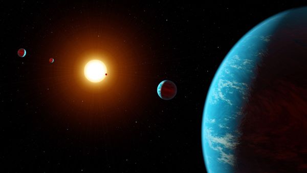 An artist's concept of the five confirmed exoplanets in the K2-138 star system.