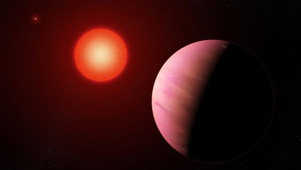 An artist's concept of the exoplanet K2-288Bb orbiting the fainter member of a pair of cool M-type stars.