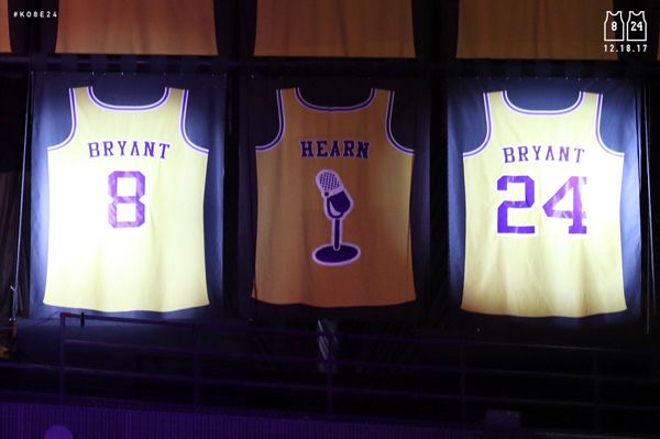 Kobe Bryant's two jersey numbers are retired during a halftime ceremony at a Lakers game in STAPLES Center...on December 18, 2017.