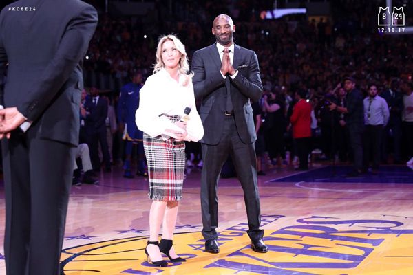 Lakers president Jeanie Buss gives a speech during Kobe Bryant's jersey retirement ceremony at STAPLES Center...on December 18, 2017.