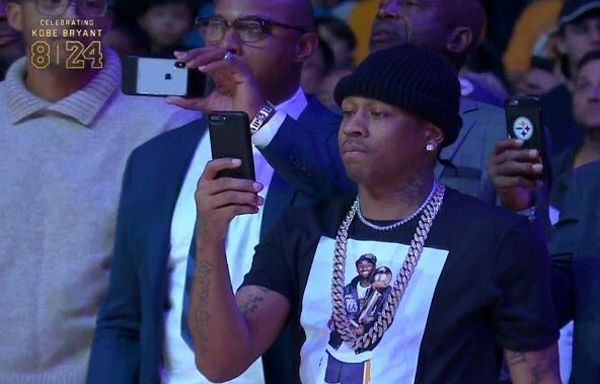 Former NBA player Allen Iverson (whose Philadelphia 76ers took on the Lakers during the 2001 NBA Finals) was on-hand to watch Kobe Bryant's two jersey numbers get retired at STAPLES Center...on December 18, 2017.