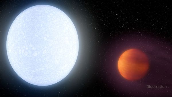 An artist's concept of the exoplanet KELT-9b orbiting its star KELT-9.
