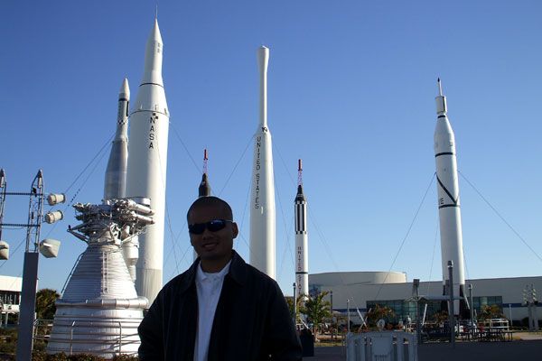 Posing in the 'Rocket Garden' at the Kennedy Space Center Visitor Complex in Florida...on February 8, 2009.