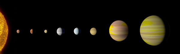 An artist's concept of all eight exoplanets in the Kepler-90 star system.