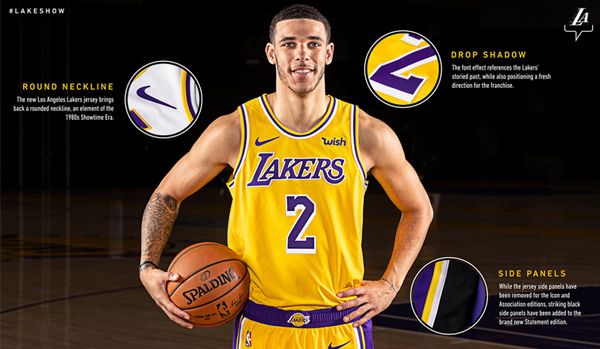 Lonzo Ball shows off the new L.A. Lakers jersey that he, LeBron James and Co. will wear for the 2018-'19 NBA season.