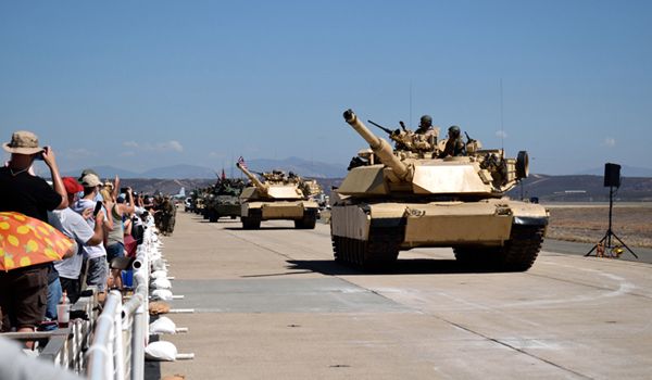 Two M1A1 Abrams tanks roll down the tarmac at Marine Corps Air Station (MCAS) Miramar in San Diego, California...on September 29, 2018.
