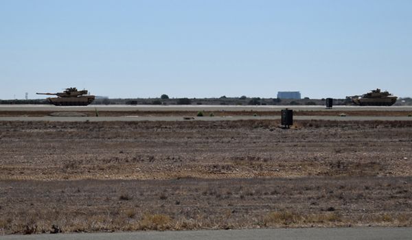 Two M1A1 Abrams tanks roll down the tarmac during a combat demo at MCAS Miramar in San Diego, California...on September 29, 2018.